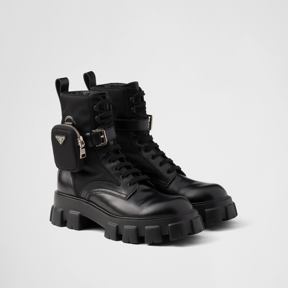 Prada Shoes - Prada Black Leather Lug-Sole Lace-Up Boots with Detachable Mini Pouch